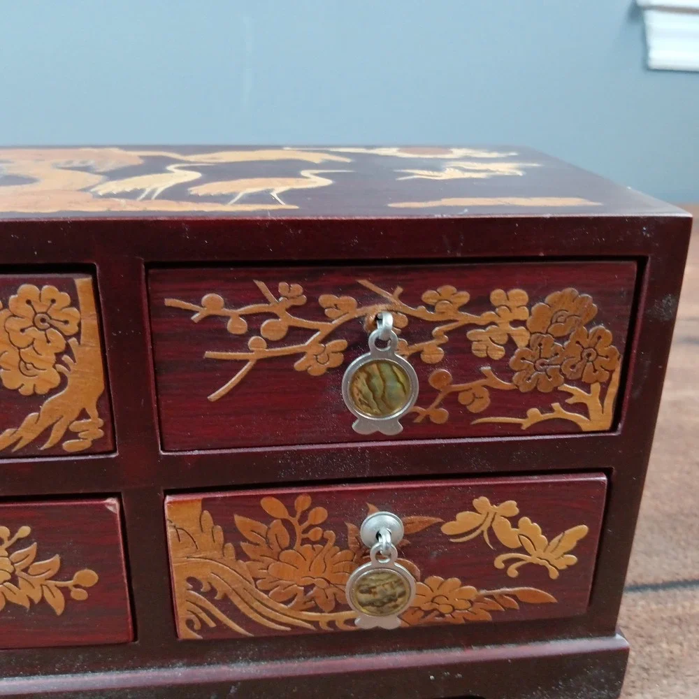 VTG MCM Asian Cherry Wood Carved Birds Abalone Shell Jewelry Box